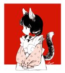  1girl animal_ear_fluff animal_ears apron bangs black_hair body_fur border bow cat_ears cat_girl cat_tail closed_mouth cropped_torso crosshatching expressionless frilled_apron frilled_sleeves frills from_side furry greyscale hair_bow hatching_(texture) limited_palette linear_hatching long_sleeves looking_away looking_to_the_side low_twintails maeya_susumu maid monochrome original outside_border own_hands_together partially_colored profile puffy_long_sleeves puffy_sleeves red_background red_bow short_hair short_twintails sideways_mouth signature simple_background solo standing tail tail_raised tareme twintails upper_body v_arms waist_bow white_apron white_border wing_collar 