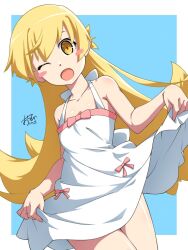  1girl apron apron_lift back_bow bare_arms bare_shoulders blonde_hair blue_background blush_stickers border bow bow_apron clothes_lift collarbone cowboy_shot dot_nose dutch_angle flat_chest flipped_hair hair_between_eyes hair_flaps halterneck hands_up highres legs_together long_hair looking_at_viewer monogatari_(series) one_eye_closed oshino_shinobu oshinobi_shinobu outside_border pointy_ears red_bow ringed_eyes shoulder_blush sidelocks signature slit_pupils smile solo very_long_hair w_arms waist_bow white_apron white_border white_bow yellow_eyes 