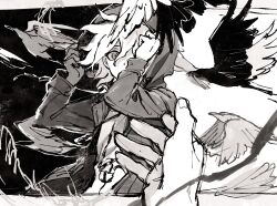  1boy 1other bird danganronpa_(series) danganronpa_2:_goodbye_despair feathers greyscale hair_between_eyes highres hood hood_up hooded_jacket hooves jacket komaeda_nagito long_sleeves looking_at_viewer male_focus messy_hair monochrome open_clothes open_jacket pov pov_hands r9rpd shirt simple_background solo_focus upper_body 