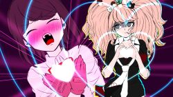  2girls black_choker black_eyes black_hair black_shirt blonde_hair blush bow breasts choker collarbone d: danganronpa:_trigger_happy_havoc danganronpa_(series) enoshima_junko freckles frown gloves grey_shirt heart heart_hands highres ikusaba_mukuro large_breasts long_sleeves looking_at_another mozuku_(iiiiiiimomo) multiple_girls pink_gloves red_bow shirt short_hair siblings sisters tearing_up teeth tongue twintails upper_teeth_only 