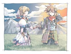 1boy 1girl black_jacket black_pants blonde_hair border braid brown_hair clouds cloudy_sky crossed_belts crown_braid grandia grandia_ii grass hair_between_eyes hand_in_own_hair head_scarf holding_hands jacket light_blush michibata_65 mountain outdoors pants puffy_short_sleeves puffy_sleeves red_scarf ryudo_(grandia) scarf short_hair short_sleeves sky smile spiky_hair updo upper_body white_border wrist_cuffs 