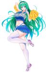  1girl absurdres arm_up armpits ass blue_eyes blue_skirt breasts cheering cheerleader clothes_writing crop_top crop_top_overhang frog_hair_ornament ganbare_ganbare_(itou_life) green_hair hair_ornament hair_tubes highres holding holding_pom_poms kochiya_sanae kou_(inaba) large_breasts long_hair long_legs midriff miniskirt navel open_mouth pleated_skirt pom_poms purple_footwear shirt shoes skirt sleeveless sleeveless_shirt smile snake_hair_ornament sneakers solo standing standing_on_one_leg sugoi_dekai thick_thighs thighs touhou white_background white_footwear white_legwear 