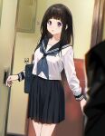  1girl artist_logo bag bangs black_skirt blunt_bangs blurry blurry_background blurry_foreground blush brown_hair chitanda_eru cowboy_shot depth_of_field highres hyouka kamiyama_high_school_uniform long_hair long_sleeves mery_(yangmalgage) neckerchief open_mouth pleated_skirt sailor_collar school_bag school_uniform serafuku shirt shoulder_bag skirt solo violet_eyes 