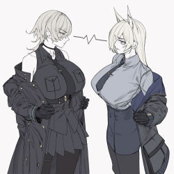  2girls animal_ear_fluff animal_ears bare_shoulders belt belt_buckle black_choker black_coat black_gloves black_jacket black_necktie black_pantyhose black_skirt black_thighhighs blue_archive breast_pocket breasts buckle buttons choker coat collar collared_shirt dog_ears double-breasted extra_ears eyes_visible_through_hair fkskii65 formal frilled_skirt frills gloves greatcoat hair_over_one_eye high_collar highres jacket kanna_(blue_archive) large_breasts light_frown long_hair long_sleeves looking_at_another miniskirt multiple_girls necktie no_eyepatch no_eyewear no_halo notched_ear office_lady open_clothes open_jacket pantyhose pencil_skirt pocket police police_uniform policewoman removing_coat removing_jacket shirt short_hair simple_background skirt sleeveless sleeveless_shirt standing staring staring_contest suou_(blue_archive) thigh-highs thigh_strap tie_clip unzipped zipper 