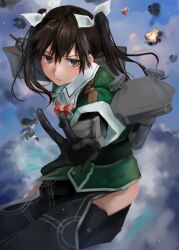  1girl 73suke absurdres black_gloves black_hair brown_eyes commentary explosion foreshortening gloves green_jacket hair_ribbon highres jacket kantai_collection long_hair machinery military_uniform pelvic_curtain red_eyes ribbon single_thighhigh smoke solo thigh-highs tone_(kancolle) tone_kai_ni_(kancolle) twintails white_ribbon 