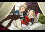  1boy 1girl bed blonde_hair boots bow bravely_default:_flying_fairy bravely_default_(series) breasts closed_eyes closed_mouth edea_lee gloves hair_bow long_hair lying nicola pillow ringabel skirt sleeping smile 