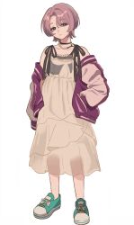  1girl arimura_mao black_choker choker collarbone dress full_body gakuen_idolmaster hand_in_pocket head_tilt highres idolmaster jacket jacket_partially_removed letterman_jacket looking_at_viewer pink_hair purple_jacket see-through see-through_dress see-through_silhouette shoes short_hair simple_background sneakers solo white_background white_dress yureru_300 