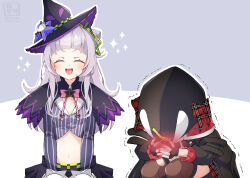  2girls :d animal_ear_headphones animal_ears animal_hood arched_bangs black_capelet black_gloves black_hat black_jacket black_skirt blush blush_visible_through_clothes blush_visible_through_hands bow bowtie capelet cat_ear_headphones commentary_request cone_hair_bun cropped_shirt embarrassed fake_animal_ears fingerless_gloves gloves grey_hair grey_shirt hair_bun hairband half_updo hat headphones hololive hood hooded_jacket jacket long_hair long_sleeves lowleg lowleg_skirt midriff multiple_girls murasaki_shion murasaki_shion_(1st_costume) navel open_mouth orca_hood pink_bow pink_bowtie purple_capelet sakamata_chloe sakamata_chloe_(1st_costume) satsuki_(pixiv_742410) shirt short_eyebrows side_up_bun sidelocks single_side_bun skirt smile striped_clothes striped_shirt tilted_headwear triangle_hair_ornament two-sided_fabric two-sided_jacket v-shaped_eyebrows vertical-striped_clothes vertical-striped_shirt virtual_youtuber witch witch_hat 