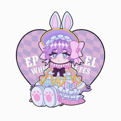  1boy androgynous animal_ears blue_eyes bonnet checkered_background commentary epel_felmier fake_animal_ears full_body highres male_focus neck_ruff paw_print_soles purple_background purple_hair rabbit_ears short_hair sitting solo symbol-only_commentary tbr0009 twisted_wonderland 