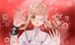  1girl :o bangs blonde_hair bubble collared_shirt eyelashes eyepatch floating_hair green_eyes highres indie_virtual_youtuber looking_at_viewer low_twintails medium_hair official_art open_mouth red_background sara_99 shio_tatsumi shirt solo twintails underwater virtual_youtuber 