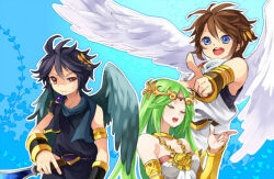  1girl 2boys angel angel_wings armlet black_hair blue_background brown_hair chain closed_eyes dark_pit diadem gold_chain green_hair jewelry kid_icarus kid_icarus_uprising laurel_crown multiple_boys o0str0o open_mouth palutena pit_(kid_icarus) pointing red_eyes sweat wings 