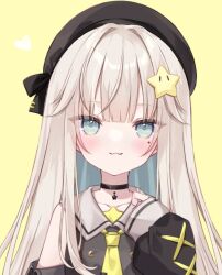  1girl :3 beret black_choker black_hat black_shirt black_sleeves blue_eyes blue_hair blush brown_hair choker closed_mouth collared_shirt commentary_request facial_mark hand_up hat heart hoshi_(snacherubi) indie_virtual_youtuber long_hair long_sleeves multicolored_hair puffy_long_sleeves puffy_sleeves shirt simple_background sleeveless sleeveless_shirt sleeves_past_wrists solo star_(symbol) two-tone_hair upper_body v_hoshi virtual_youtuber yellow_background 