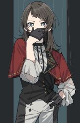  1girl bang_dream! bang_dream!_it&#039;s_mygo!!!!! black_gloves black_hair black_pants black_vest blue_eyes capelet commentary_request earrings gloves half_gloves hand_on_own_hip highres jewelry medium_hair nanami_(nunnun_0410) no_mask pants puppet_strings red_capelet see-through see-through_sleeves shirt sleeves_past_elbows solo two-tone_pants vest white_pants white_shirt yahata_umiri 