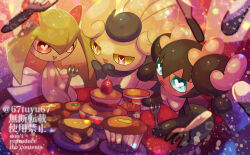  blue_eyes bow cake colored_sclera colored_skin cupcake food fork gothorita green_hair hair_bow heart heart_in_eye highres holding holding_fork horns kirlia knife meowstic meowstic_(female) pie pie_slice pink_eyes pink_skin plate pokemon pokemon_(creature) sidelocks symbol_in_eye white_bow white_skin yellow_sclera yukifuri_tsuyu 