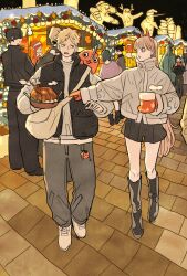  5boys 5girls bag black_footwear black_hair black_vest blonde_hair blunt_bangs breath chainsaw_man coat commentary cropped_jacket cup denji_(chainsaw_man) falling_devil_(chainsaw_man) falling_petals full_body gloves hat hayakawa_aki higashiyama_kobeni highres himeno_(chainsaw_man) holding holding_cup holding_plate horns japanese_clothes long_hair makima_(chainsaw_man) mask multiple_boys multiple_girls night on_shoulder petals plate pochita_(chainsaw_man) power_(chainsaw_man) red_horns santa_hat short_hair shorts shoulder_bag sidelocks takeuchi_ryousuke vest violence_fiend_(chainsaw_man) 