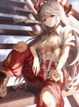  1girl :/ absurdres bangs boots bow breasts cigarette clouds cloudy_sky collarbone day diamond_plate eyebrows_visible_through_hair feet_out_of_frame fujiwara_no_mokou hair_bow highres holding holding_cigarette huge_filesize large_breasts long_hair navel outdoors pants parted_lips red_eyes red_pants shirt short_sleeves silver_hair sitting sky smoking solo stairs torn_clothes torn_pants touhou very_long_hair waramori_fuzuka white_bow white_shirt 