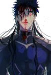  1boy absurdres armor blood blood_on_face bloody_clothes bloody_nose blue_bodysuit blue_hair bodysuit cu_chulainn_(fate)_(all) cu_chulainn_(fate/stay_night) earrings fate/stay_night fate_(series) glowing glowing_eyes highres jewelry long_hair male_focus muscular muscular_male pauldrons red_eyes ryousuke_(tukr5384) shoulder_armor signature simple_background skin_tight solo spiky_hair tongue tongue_out white_bodysuit 