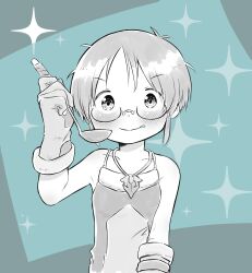  1girl :q apron aqua_background bare_arms bare_shoulders blush glasses gloves grey_background greyscale greyscale_with_colored_background highres holding holding_ladle kiwami_(kiwamimuneko) ladle looking_at_viewer made_in_abyss monochrome naked_apron riko_(made_in_abyss) short_hair smile solo sparkle tongue tongue_out two-tone_background upper_body whistle whistle_around_neck 