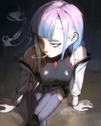  1girl absurdres blue_eyes cyberpunk_(series) cyberpunk_edgerunners eyeliner from_above gradient_hair highres jacket lucy_(cyberpunk) makeup multicolored_hair off-shoulder_jacket off_shoulder pink_hair purple_hair red_eyeliner short_hair smoke smoking solo waligner white_jacket 