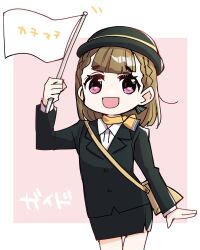  1girl :d alternate_costume arm_up black_hat black_jacket black_skirt blush braid brown_hair center-flap_bangs character_name collared_shirt commentary_request cowboy_shot flag hat highres holding holding_flag jacket kachimachi_kosuzu kanduki_kamibukuro link!_like!_love_live! long_hair long_sleeves love_live! neckerchief open_mouth pencil_skirt pink_background pink_eyes shirt side_ahoge side_braids skirt smile solo straight_hair suit_jacket tour_guide translation_request virtual_youtuber white_flag white_shirt yellow_neckerchief 