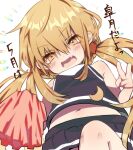  1girl bangs black_skirt blonde_hair blush crescent eyebrows_visible_through_hair fang from_below hair_between_eyes highres kantai_collection leg_up long_hair low_twintails midriff miniskirt navel open_mouth pleated_skirt pom_poms ruohire9 satsuki_(kancolle) simple_background skirt sleeveless solo twintails v yellow_eyes 