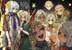  2boys 4girls anger_vein arm_tattoo badge bags_under_eyes bandaid bandaid_on_face bandaid_on_nose belt black_eyes blonde_hair blue_eyes blush brown_pants brown_shirt cithis commentary cooking_pot dark-skinned_female dark_elf dark_skin dungeon_meshi earrings elf english_commentary english_text facial_mark fairy fairy_(dungeon_meshi) fire fleki food forehead_mark green_eyes green_shirt green_skirt grey_hair hair_around_ear hair_ribbon half_up_braid hand_on_own_chin highres holding holding_food holding_paper jewelry lazy_eye long_hair looking_at_another low_twintails lycion mithrun multiple_boys multiple_girls multiple_piercings necktie notched_ear nova_1810 otta_(dungeon_meshi) pants paper pattadol pointy_ears ribbon shirt short_hair short_sleeves skirt split_screen stew stick tattoo tearing_up thai_scout_uniform tongue twintails uneven_eyes very_short_hair violet_eyes wavy_hair yellow_eyes 