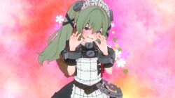  1girl 3d absurdres apron black_dress blush corin_wickes dress green_hair hair_between_eyes highres koikatsu_(medium) long_hair looking_at_viewer maid maid_apron maid_headdress open_mouth puffy_sleeves short_sleeves simple_background solo twintails user_jrfe7824 violet_eyes white_apron zenless_zone_zero 