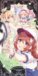  3girls absurdres ahoge altheavin baseball_cap black_choker blonde_hair blue_bow blue_shorts bow bow_hairband braid chieru_(princess_connect!) chieru_(school_festival)_(princess_connect!) chloe_(princess_connect!) chloe_(school_festival)_(princess_connect!) choker elf gradient_clothes gradient_jacket green_bow gym_shirt gym_shorts gym_uniform hair_bow hair_ornament hairband hat highres hood hoodie jacket multicolored_clothes multicolored_hoodie multiple_girls pink_hair pink_hairband plaid_bow plaid_clothes plaid_collar plaid_hairband pointy_ears princess_connect! red_hairband red_shorts shirt shorts side-tie_shirt star_(symbol) star_hair_ornament tarot temperance_(tarot) tied_shirt twin_braids white_hat yuni_(princess_connect!) yuni_(school_festival)_(princess_connect!) 