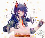  2girls ? arknights baiwei_lai birthday_cake black_gloves black_jacket blue_hair blurry blurry_foreground blush cake candle ch&#039;en_(arknights) collared_shirt commentary confetti depth_of_field dragon_horns earpiece embarrassed english_commentary eyebrows_visible_through_hair fingerless_gloves food gloves highres horns hoshiguma_(arknights) jacket long_hair looking_at_viewer mixed-language_commentary multiple_girls necktie open_clothes open_jacket open_mouth orange_neckwear pov shirt simple_background solo_focus spoken_character spoken_question_mark surprised sweat sweatdrop sweating_profusely twintails upper_body violet_eyes white_background white_shirt wing_collar 