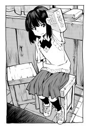  1girl absurdres book closed_mouth collared_shirt commentary_request full_body greyscale highres holding holding_book incoming_book indoors kawiochi kneehighs light_frown looking_at_viewer monochrome neck_ribbon on_stool original outside_border outstretched_arm pleated_skirt ribbon school_uniform screentones shirt shoes short_sleeves sitting skirt sneakers socks solo sweater_vest 