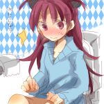  1girl black_headwear blue_background blue_sweater blush checkered checkered_background hair_ribbon long_hair mahou_shoujo_madoka_magica red_eyes redhead ribbon sakura_kyouko sitting solo surprised sweater toilet toilet_paper translation_request white_background zawameki 