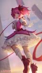  1girl artist_name breasts bubble_skirt commentary_request eyebrows_visible_through_hair gloves hair_ribbon highres kaname_madoka kneehighs looking_at_viewer magical_girl mahou_shoujo_madoka_magica open_mouth pink_eyes pink_hair red_footwear red_ribbon ribbon sarena shoes short_hair short_sleeves skirt solo twintails white_gloves 