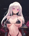  1girl azto_dio bikini black_background black_bikini black_choker black_jacket breasts choker collarbone copyright_request fire_emblem fire_emblem_awakening glowing glowing_eye grima_(fire_emblem) highres jacket large_breasts long_hair looking_at_viewer navel patreon_username pink_eyes robin_(fire_emblem) robin_(fire_emblem)_(female) smile solo swimsuit twintails white_hair 