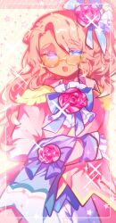  1boy absurdres arm_at_side blue_bow blue_bowtie blue_eyes bow bowtie collared_jacket colored_eyelashes cookie_run cookie_run:_ovenbreak cowboy_shot earl_grey_cookie earl_grey_cookie_(romantic_sugar_s/s_collection_model) flower frills glasses gloves hair_flower hair_ornament hand_on_own_arm heterochromia highres humanization jacket long_hair long_sleeves looking_at_viewer male_focus official_alternate_costume official_alternate_hair_length official_alternate_hairstyle omoyu_(nakyu715) open_mouth orange-framed_eyewear orange_hair otoko_no_ko pants parted_hair pink_flower pink_jacket pink_rose rose semi-rimless_eyewear simple_background solo star_(symbol) tongue violet_eyes white_gloves white_pants 