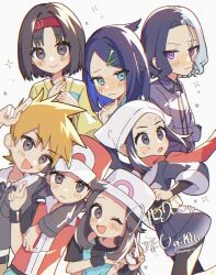  3boys 4girls :d akari_(pokemon) amethio_(pokemon) belt blue_oak blush brown_hair closed_mouth collared_shirt commentary_request cowlick erika_(pokemon) hair_ornament hairband hairclip hands_up head_scarf highres jacket japanese_clothes kimono leaf_(pokemon) liko_(pokemon) long_hair loose_hair_strand multiple_boys multiple_girls open_mouth pants pokemon pokemon_(anime) pokemon_frlg pokemon_hgss pokemon_horizons pokemon_legends:_arceus red_(pokemon) red_hairband salute shirt short_sleeves sleeveless sleeveless_shirt smile spiky_hair sumeragi1101 swept_bangs t-shirt two-finger_salute vest wristband yellow_kimono 