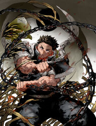  1boy absurdres beads black_hair blank_eyes blood chain chain_blades demon_slayer_uniform haori highres himejima_gyoumei japanese_clothes kimetsu_no_yaiba male_focus muscular muscular_male prayer_beads scar scar_on_face scar_on_forehead short_hair solo veins veiny_arms yae_(8lsymojkn1y5bly) 