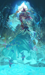  1girl black_socks blue_bow blue_butterfly blue_eyes blue_hairband blue_skirt bow bow-shaped_hair bug butterfly cave character_request check_character chinese_clothes code:_kite eyelashes floating floral_print flower full_body full_moon gejiandenghuo guanglingwang hair_bow hair_down hairband highres holding holding_wand hydrokinesis long_skirt long_sleeves moon night outdoors pants pants_under_skirt parted_lips pink_lips pink_pupils pool purple_vest rose_print shirt skirt sleeves_past_wrists socks solo stirrup_legwear studded_hairband tassel teeth toeless_legwear toes vest waist_bow wand water white_flower white_pants white_shirt wide_sleeves 