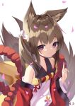  1girl amagi-chan_(azur_lane) animal_ears azur_lane bangs blunt_bangs brown_hair collarbone commentary_request eyebrows_visible_through_hair fox_ears fox_girl fox_tail from_above hair_ribbon highres index_finger_raised kyuubi long_hair looking_at_viewer looking_up manjuu_(azur_lane) multiple_tails off-shoulder_kimono off_shoulder petals ribbon rope sakutaishi shimenawa sidelocks signature simple_background smile solo tail thick_eyebrows twintails violet_eyes wide_sleeves 