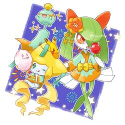  aimi_(aimia492) artist_name blue_background chimecho closed_eyes clothed_pokemon colored_skin cotton_candy green_hair green_skin hair_over_one_eye horns japanese_clothes jirachi kirlia looking_at_viewer mask multicolored_skin one_eye_closed open_mouth pikachu pink_eyes pokemon pokemon_(creature) sidelocks smile sparkle swirlix tanzaku two-tone_skin white_skin 