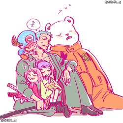  2girls 3boys antlers bandana_around_arm bear bepo child commentary_request cross green_hair green_kimono hair_bun hat holding holding_sword holding_weapon horns japanese_clothes jumpsuit kimono korean_commentary kurozumi_tama multiple_boys multiple_girls one_piece orange_jumpsuit pink_hair purple_hair reindeer_antlers roronoa_zoro sash shem_art11 simple_background sleeping sword toko_(one_piece) tony_tony_chopper weapon white_background 