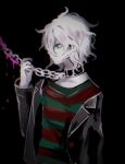  1boy alternate_eye_color bangs black_background black_jacket black_nails blood chain collar commentary_request cuffs dangan_ronpa_(series) dangan_ronpa_3_(anime) from_side green_eyes grey_hair hand_up jacket komaeda_nagito long_sleeves male_focus mian_(nemu_0118) off_shoulder pale_skin pink_blood profile shackles shirt simple_background solo striped striped_shirt upper_body 