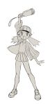  1girl :o arm_up baseball_cap casey_(pokemon) eyelashes full_body greyscale hat highres holding jacket knees long_hair monochrome open_clothes open_jacket open_mouth pokemon pokemon_(anime) pokemon_(classic_anime) shirt shoes short_shorts shorts solo spread_fingers standing sweat tongue twintails white_background yoshi_(moco1) 