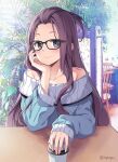  1girl bare_shoulders black-framed_eyewear blue_eyes blue_sweater blush brown_hair chair closed_mouth coffee_cup cup disposable_cup eighth_note forehead glasses highres indoors kagamihara_sakura long_hair long_sleeves looking_at_viewer musical_note nyanya off-shoulder_sweater off_shoulder sleeves_past_wrists smile solo sweater table twitter_username upper_body very_long_hair yurucamp 