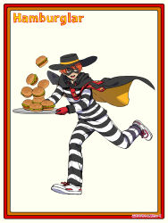  1boy absurdres black_cape burger cape character_name commentary domino_mask english_commentary food food_print gloves hamburglar highres holding holding_tray mask mcdonald&#039;s momo-chan_atakku necktie open_mouth orange_hair original prison_clothes red_gloves red_necktie running solo teeth tray two-sided_cape two-sided_fabric white_sneakers wide_brim yellow_cape 