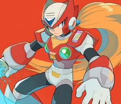  1boy 628panda3 armor blonde_hair blue_eyes chest_jewel energy_sword forehead_jewel helmet highres holding holding_sword holding_weapon long_hair male_focus mega_man_(series) mega_man_x_(series) ponytail red_armor red_background red_helmet shoulder_armor simple_background solo sword weapon z_saber zero_(mega_man) 