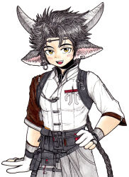  1boy animal_ear_piercing animal_ears arknights asymmetrical_sleeves black_hair braid braided_ponytail commentary cowboy_shot fang gloves grey_horns hair_intakes hand_on_own_hip hatching_(texture) highres horns linear_hatching long_hair male_focus mismatched_sleeves open_mouth partially_fingerless_gloves pouch shinta_(brougham) shirt simple_background sleeves_past_elbows smile solo standing teeth upper_teeth_only wan_qing_(arknights) white_background white_gloves white_shirt yellow_eyes 