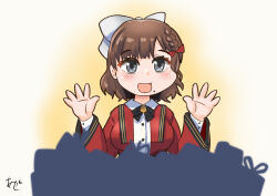  1girl akashieru asahi_(kancolle) braid breasts brown_hair coat collared_shirt commentary_request dress_shirt gift grey_eyes kantai_collection large_breasts mole mole_under_mouth one-hour_drawing_challenge red_coat ribbon shirt short_hair silhouette single_braid solo upper_body white_ribbon white_shirt 