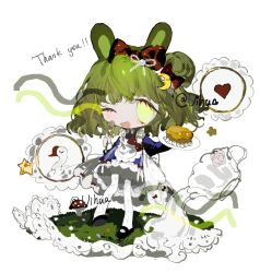  1girl animal_ears apron bird black_footwear blue_dress bow chinese_commentary commentary_request commission crescent crescent_hair_ornament cup doily dress dress_bow english_text goose green_eyes green_hair hair_bow hair_bun hair_ornament hair_ribbon heart highres holding holding_plate holding_spoon lace_ribbon long_sleeves maid_apron mary_janes medium_hair mushroom one_eye_closed open_mouth original pantyhose petticoat plate rabbit_ears rabbit_girl red_bow ribbon shoes single_hair_bun single_side_bun smile solo spoon star_(symbol) teacup thank_you vihua6 watermark white_apron white_pantyhose white_ribbon 