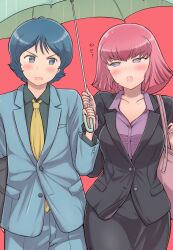  1boy 1girl arasa_ol_haman-sama black_suit blue_eyes blue_hair blue_suit blush breasts business_suit formal gundam haman_karn highres holding holding_umbrella iwasaki_masakazu jacket kamille_bidan necktie office_lady official_art open_mouth pants pink_hair shirt short_hair skirt skirt_suit suit umbrella violet_eyes 