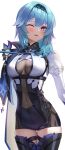  1girl black_legwear blue_hair breasts cape clothing_cutout covered_navel cowboy_shot eula_(genshin_impact) freze genshin_impact hairband highres long_hair long_sleeves looking_at_viewer medium_breasts one_eye_closed open_mouth shirt shoulder_cutout simple_background skindentation solo standing thigh-highs thigh_gap thighs white_background white_shirt yellow_eyes 
